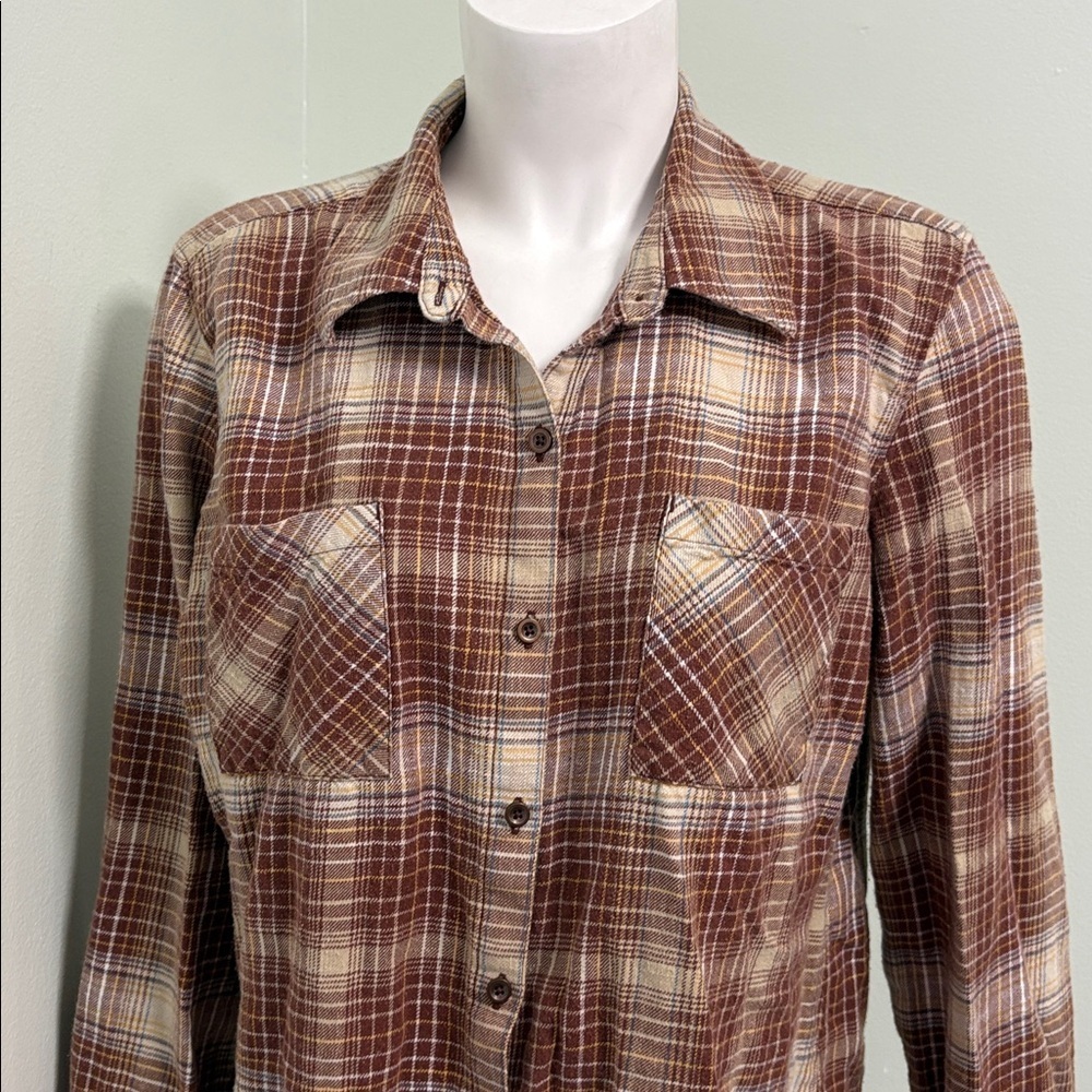 Natural Reflections button up autumn fall brown plaid flannel large - Picture 3 of 7